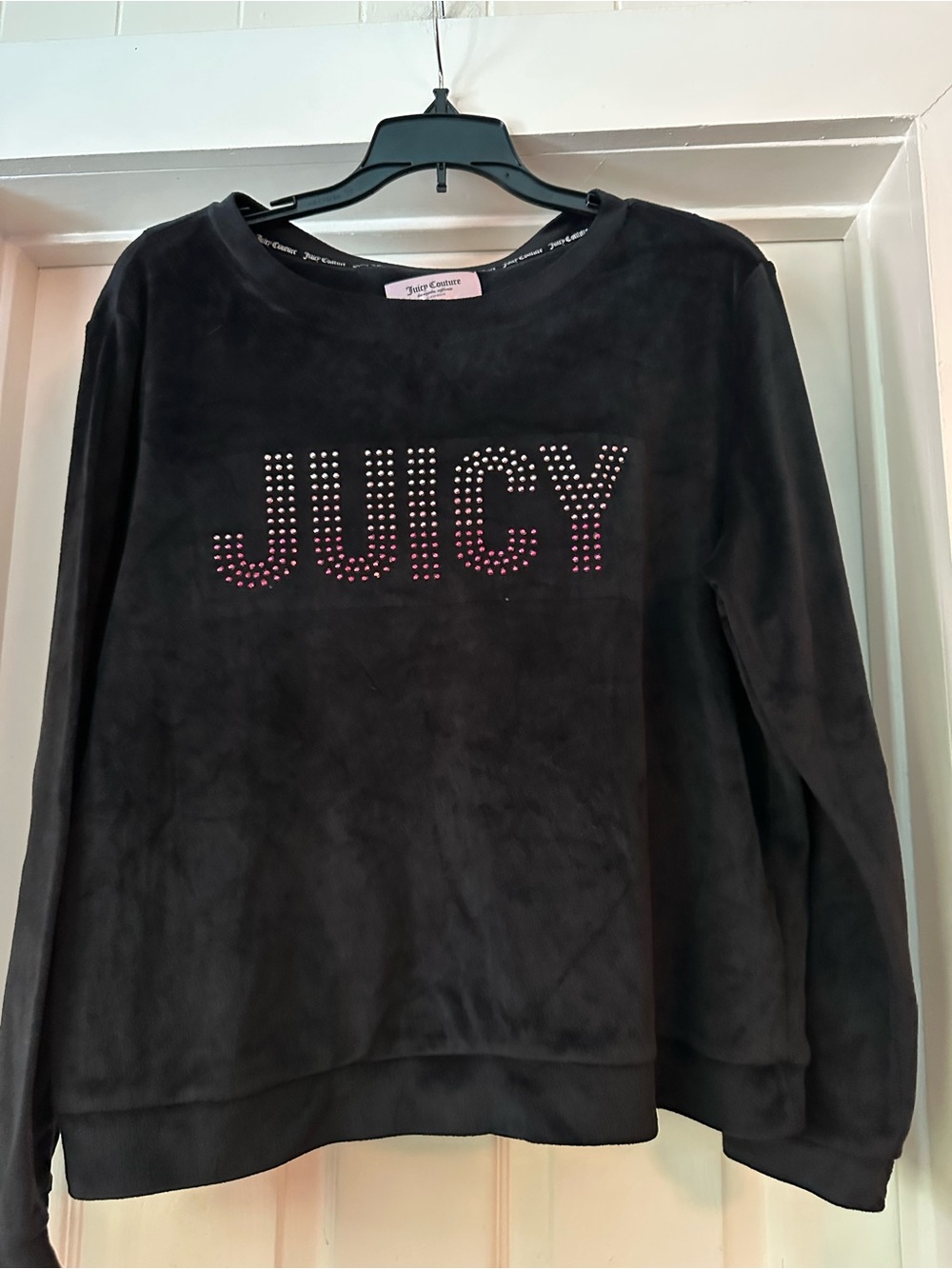 Juicy Couture Black Velour Crewneck and Pants with Pink Studded 'JUICY' Logo